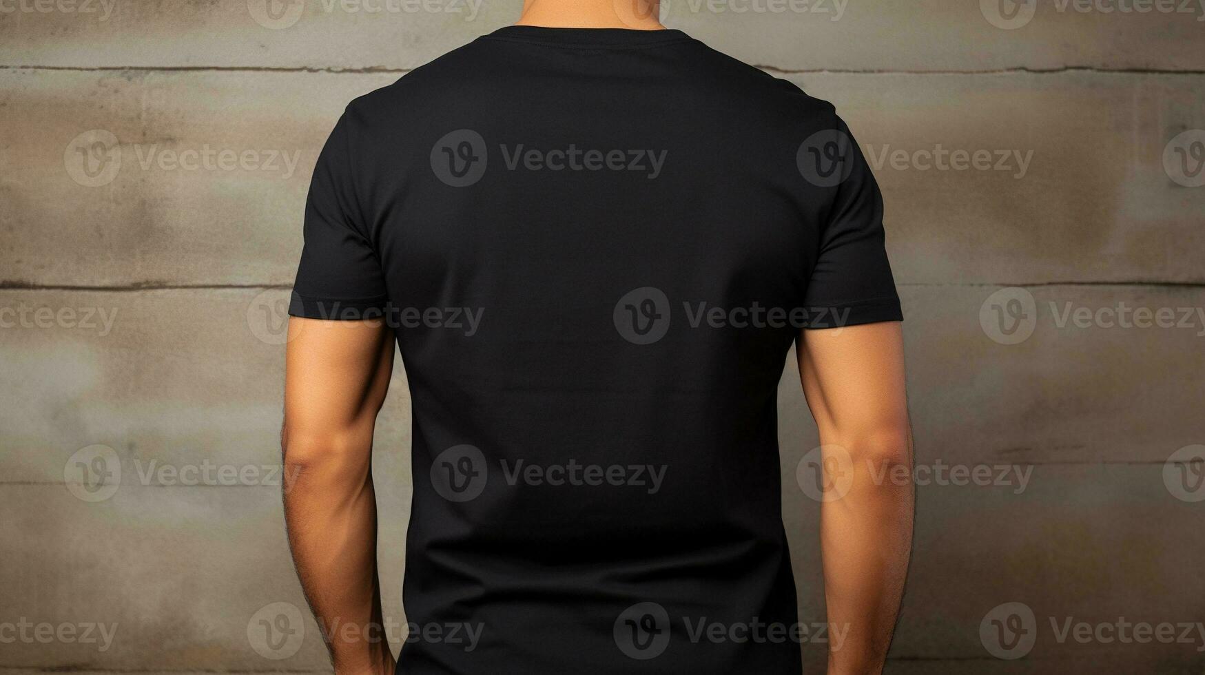 Generative AI, Realistic black T-Shirt mock up blank put on young man, back view, copyspace for presentation advertising. Blank business concept. photo