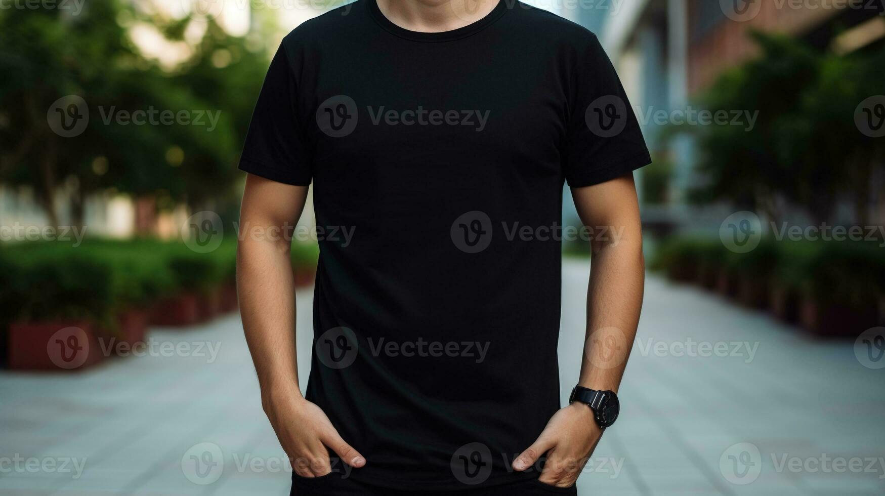 Generative AI, Realistic black T-Shirt mock up blank put on young man, front view, copyspace for presentation advertising. Blank business concept. photo