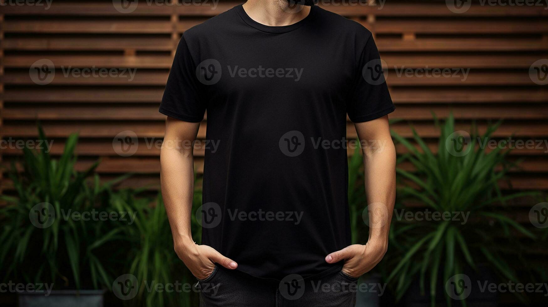 Generative AI, Realistic black T-Shirt mock up blank put on young man, front view, copyspace for presentation advertising. Blank business concept. photo