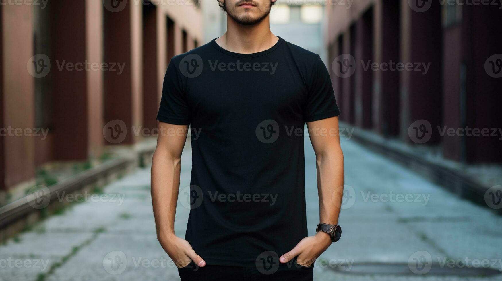 Generative AI, Realistic black T-Shirt mock up blank put on young man, front view, copyspace for presentation advertising. Blank business concept. photo