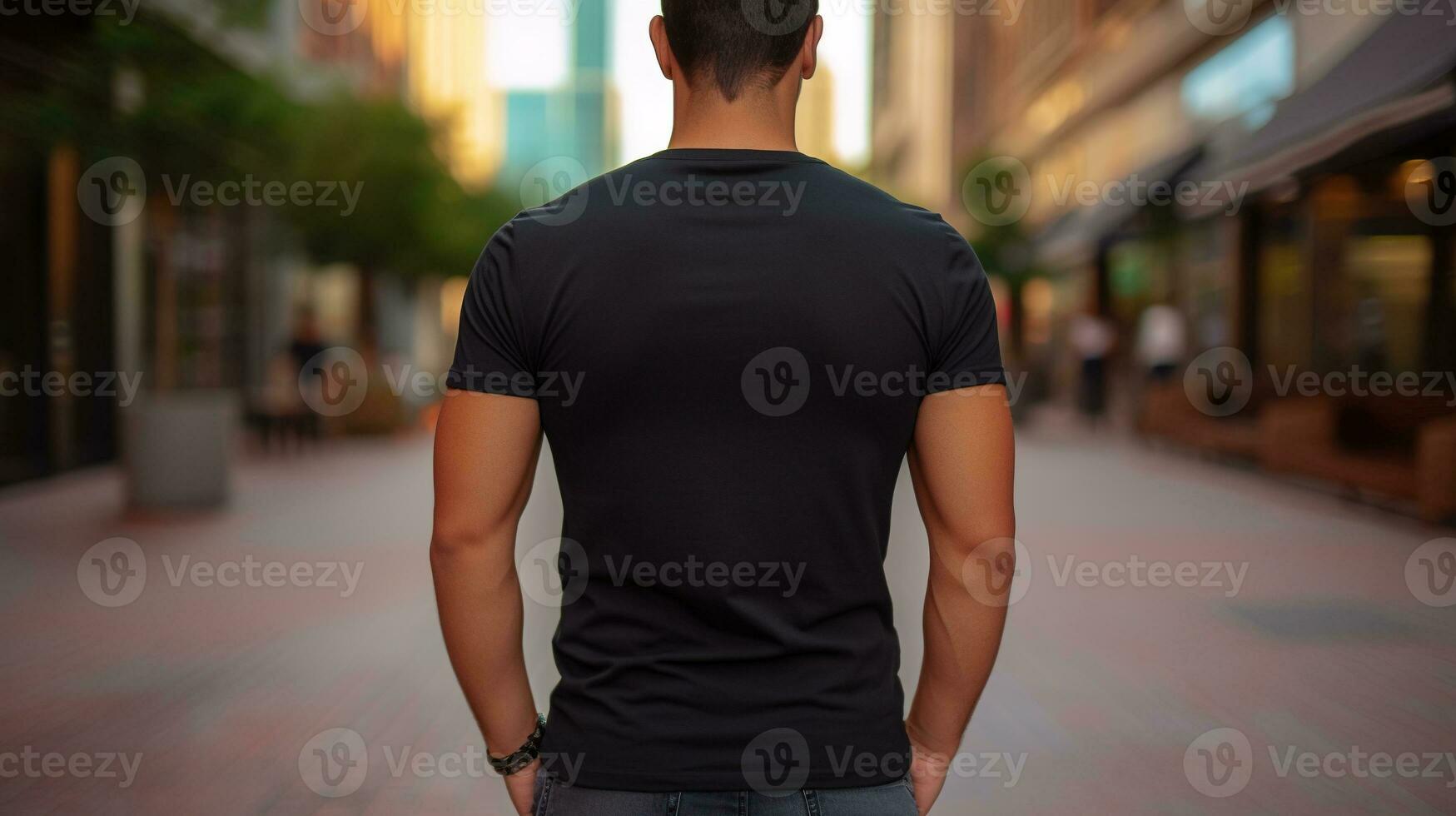 Generative AI, Realistic black T-Shirt mock up blank put on young man, back view, copyspace for presentation advertising. Blank business concept. photo