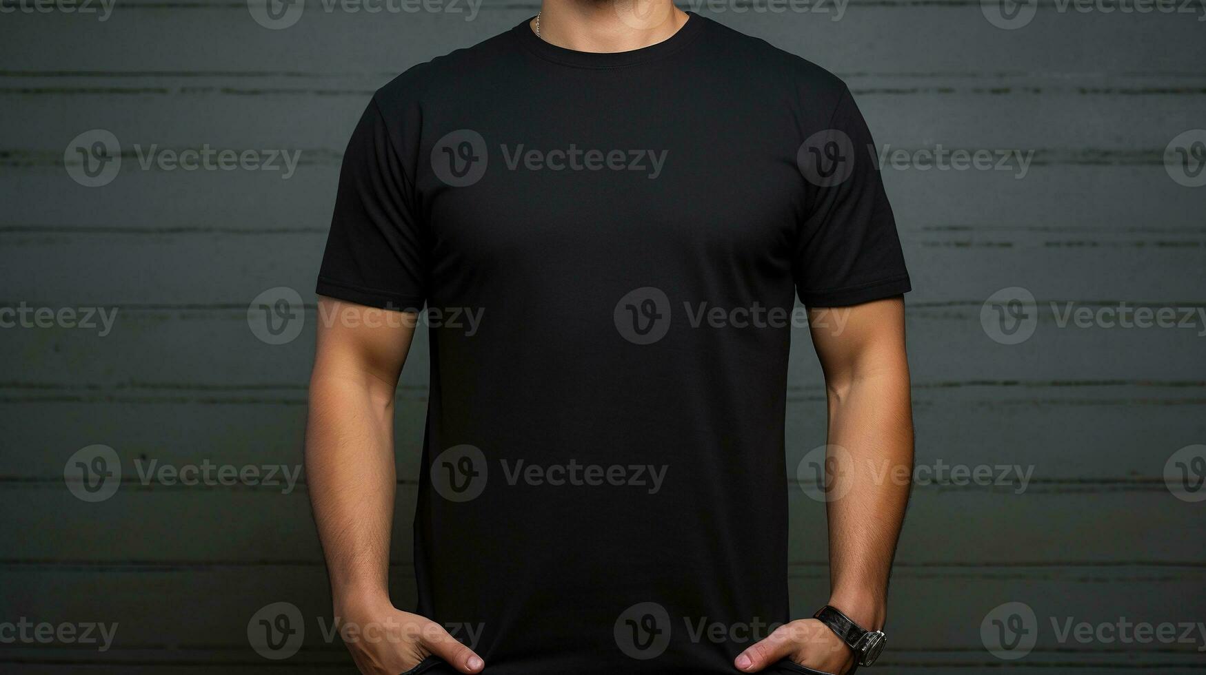 Generative AI, Realistic black T-Shirt mock up blank put on young man, front view, copyspace for presentation advertising. Blank business concept. photo