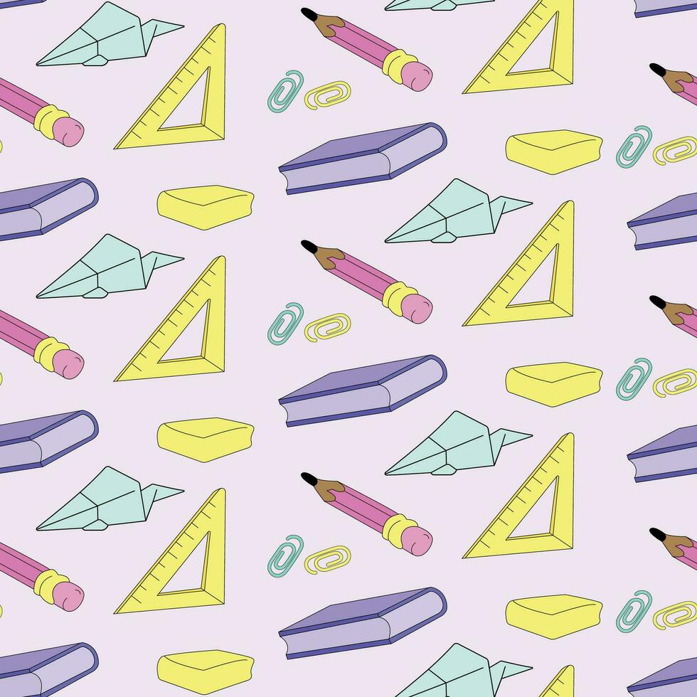 Seamless pattern of school supplies and school items. vector