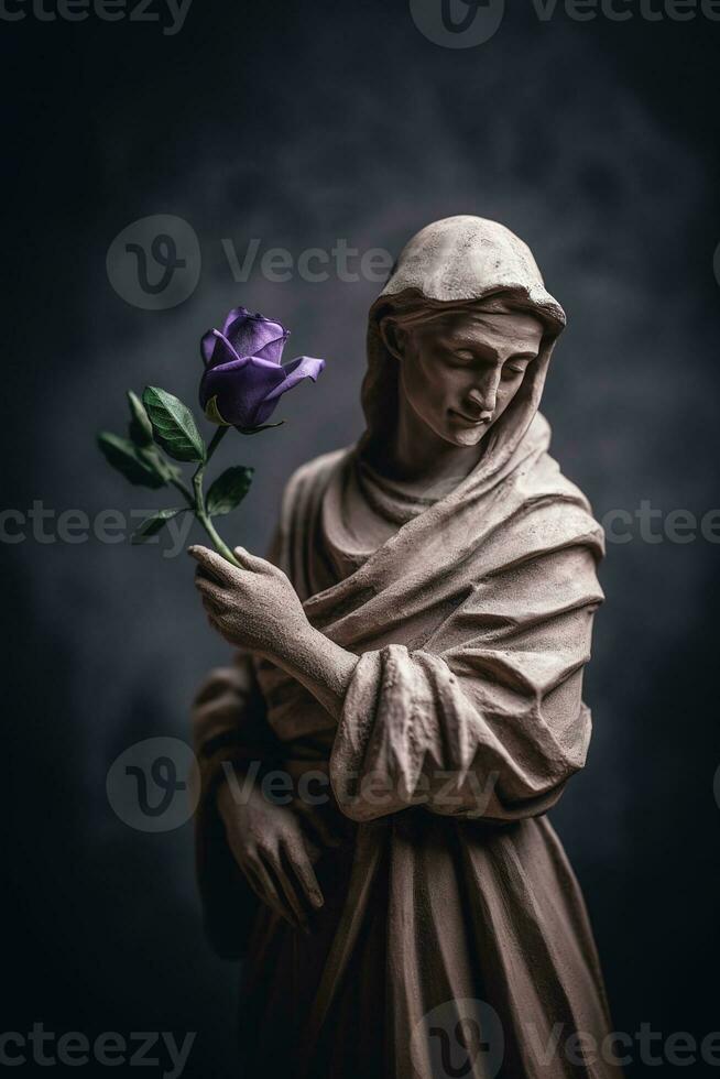 Generative AI, Photorealistic antique sculpture and flowers, muted neutral colors, 3d style ceramic statue photo