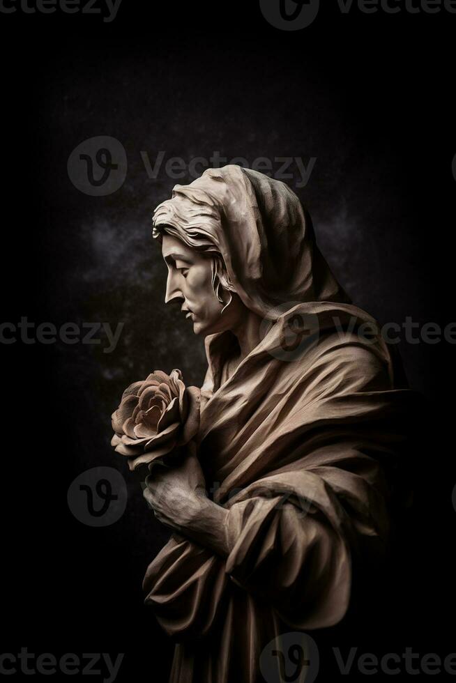 generativo ai, fotorrealista antiguo escultura y flores, apagado neutral colores, 3d estilo cerámico estatua foto