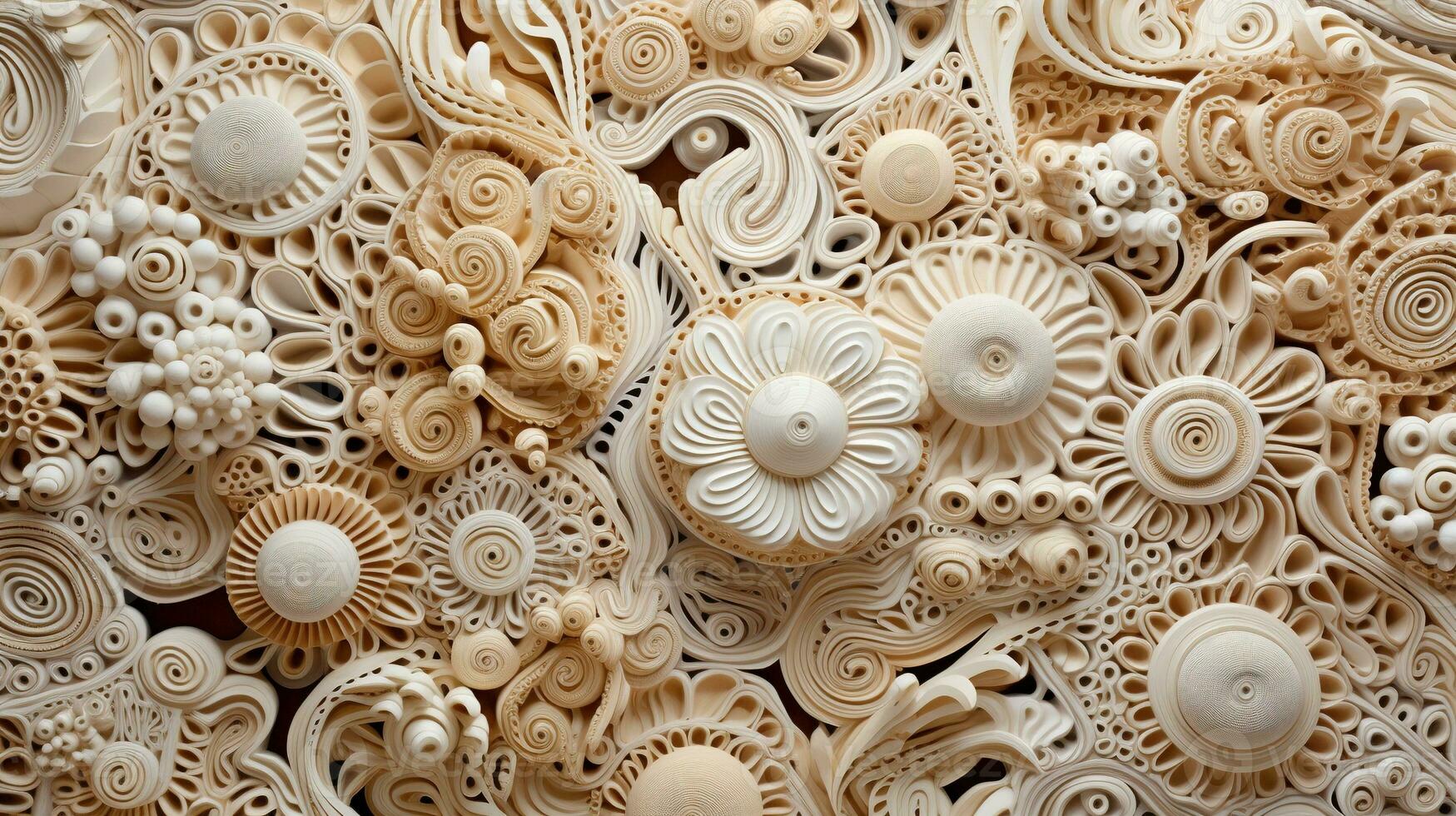 Generative AI, white, ivory and beige modelling clay, gypsum or ceramic background and texture, curls and flowing forms photo