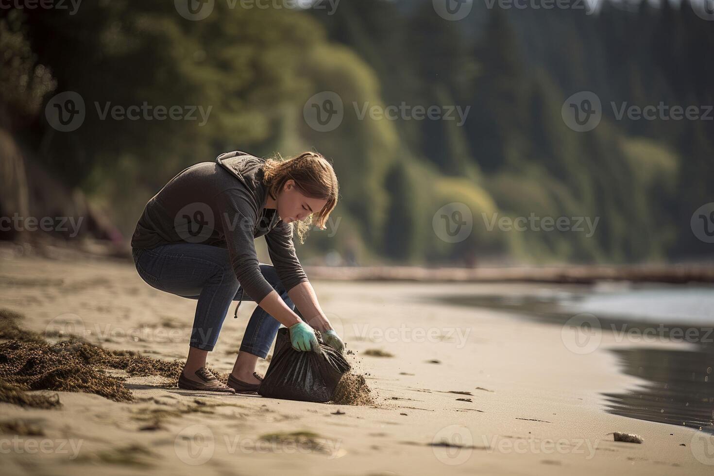 Person picking trash beach. Generate Ai photo