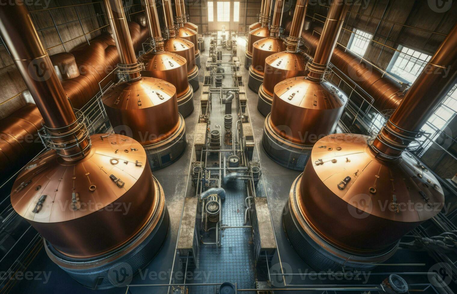 Brewery large copper barrels. Generate Ai photo