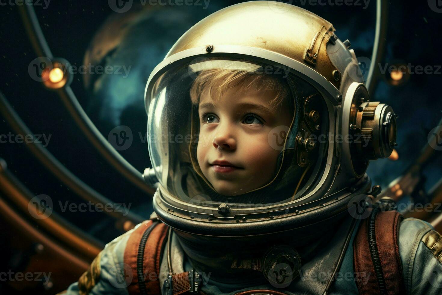 Astronaut spaceship space child boy. Generate Ai photo