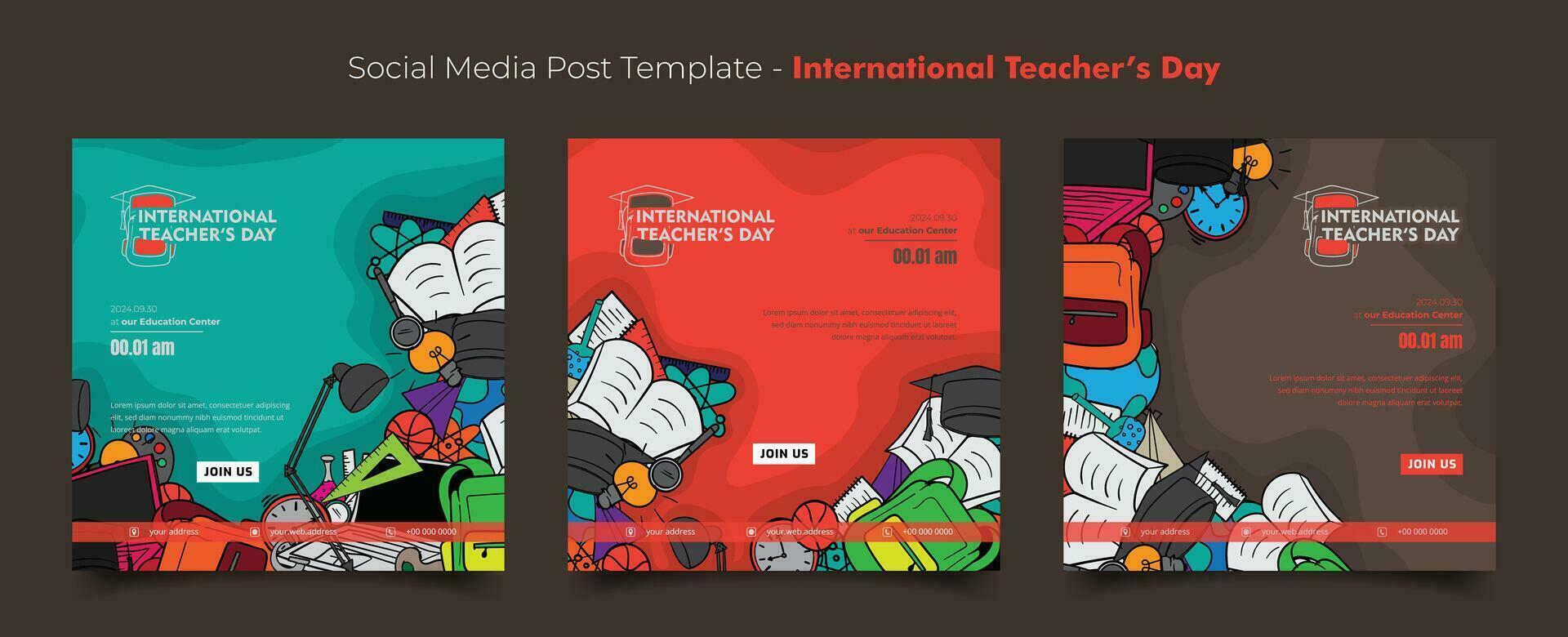 Social media post template with learning tools in colorful hand drawn for teacher's day design vector