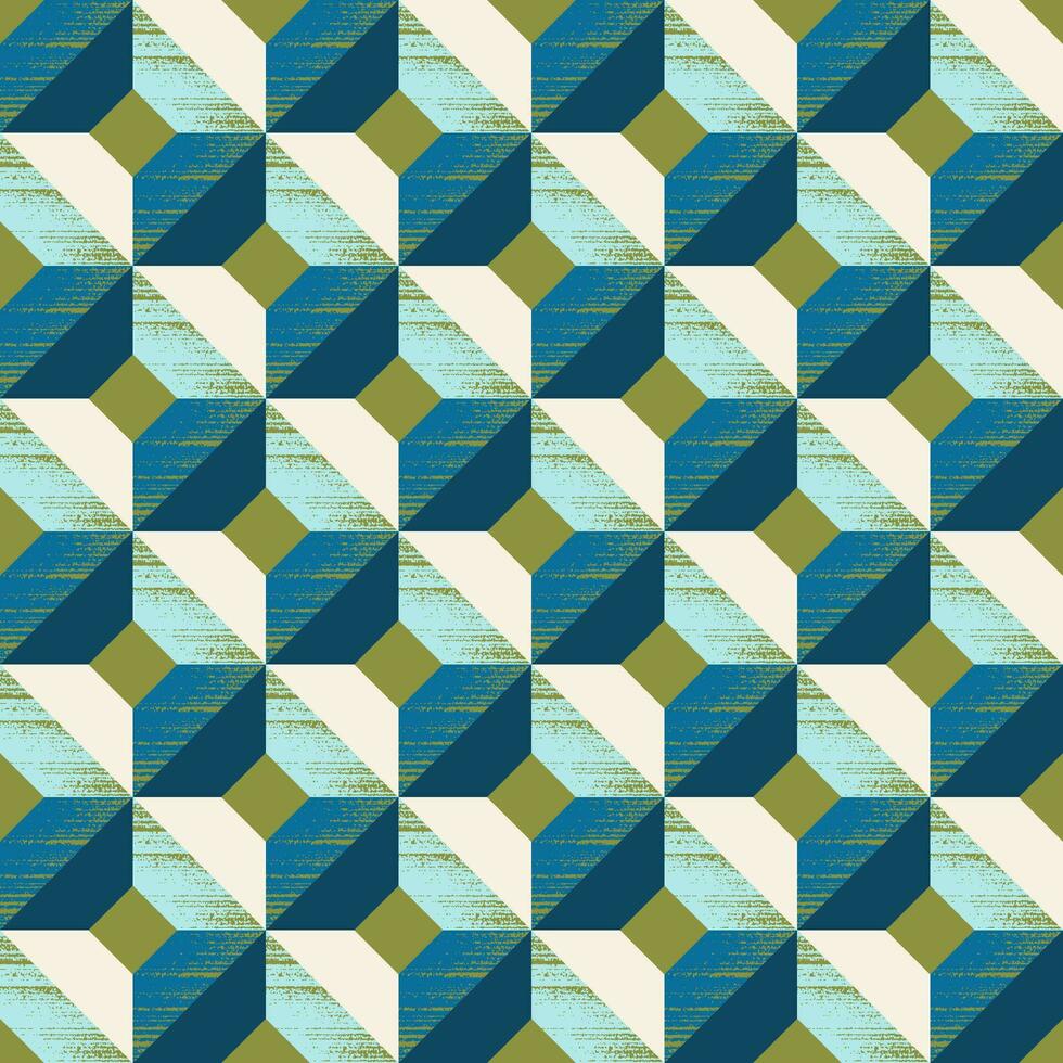 Geometric seamless pattern of squares and rhombuses in blue-green, yellow-green, cream and light blue vector