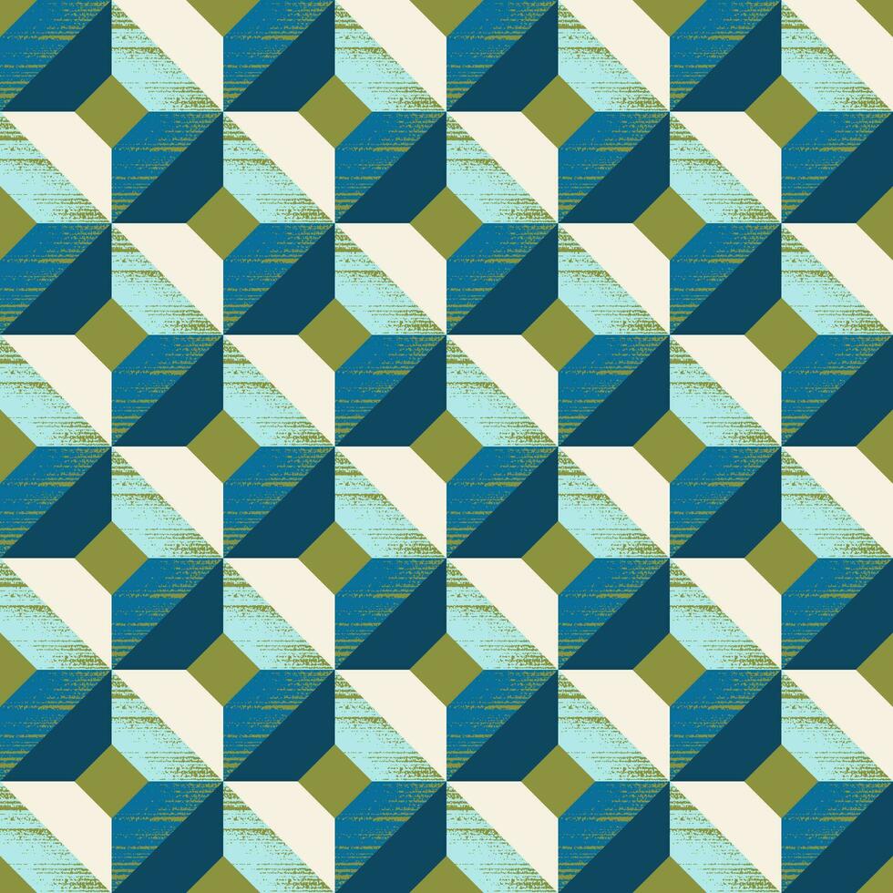 Geometric seamless pattern of squares and rhombuses in blue-green, yellow-green, cream and light blue vector