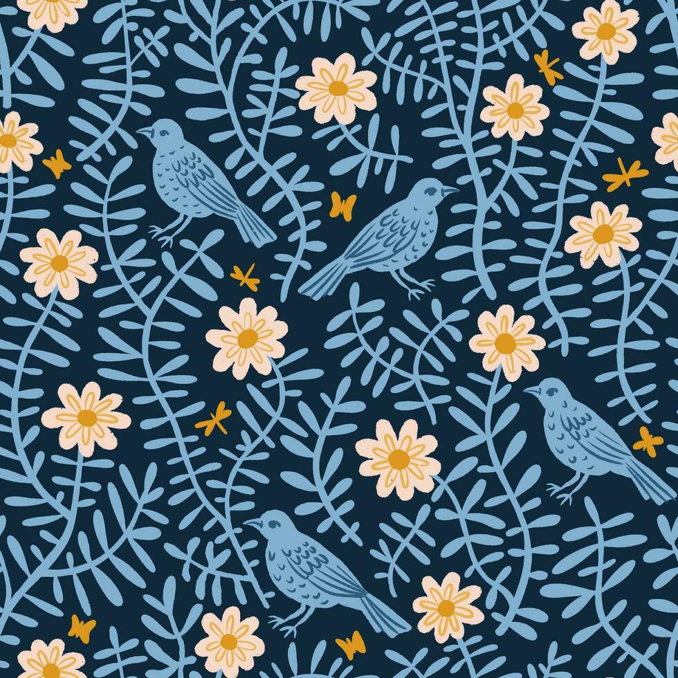 floral sin costura modelo de aves en flores en azul colores con algunos amarillo detalles. fondo de pantalla antecedentes para textiles, documentos, huellas dactilares, Moda antecedentes, paquete diseño vector