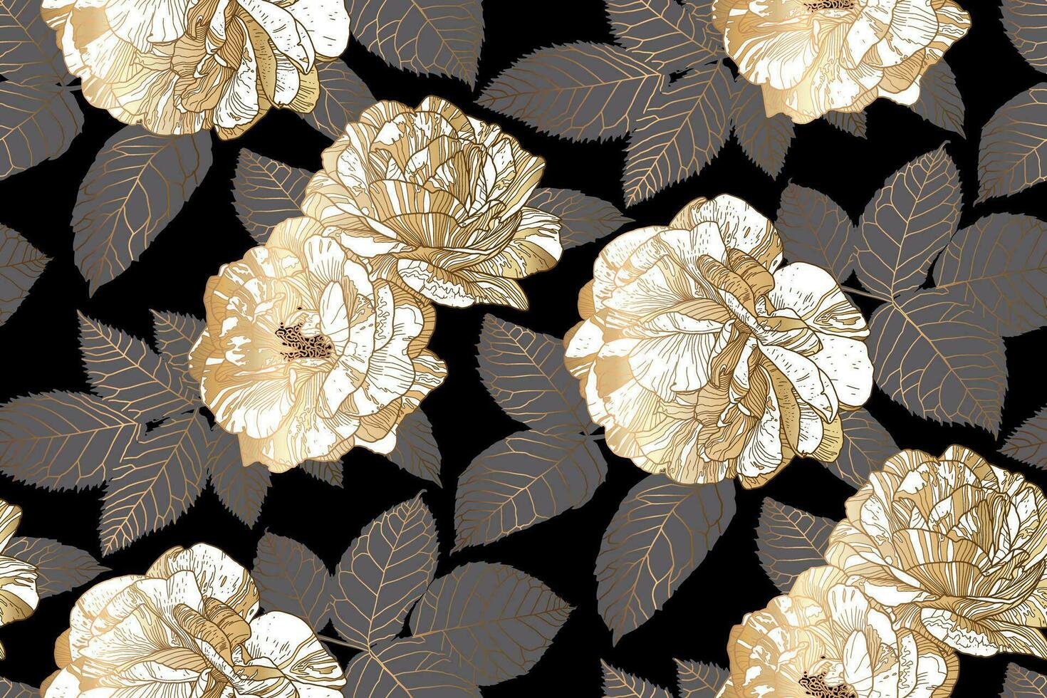 Seamless luxury pattern with white and gold roses and grey leaves on black background. Hand drawn contour lines. Vector illustration art. For design textiles, wrapping paper, wallpaper.