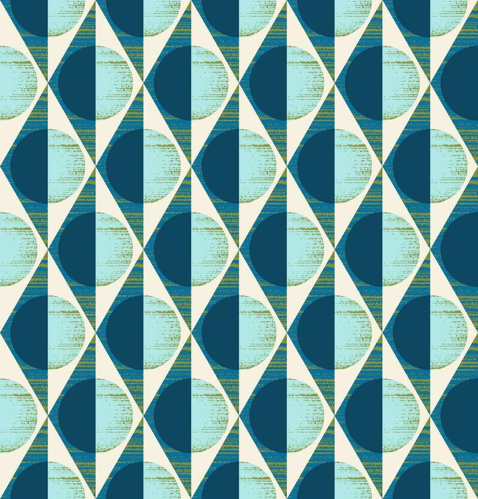 Geometric seamless pattern of rhombuses, triangles and circles in bluegreen, yellowgreen, cream and light blue. Design for wallpaper, wrapping products, textiles, fabrics. vector