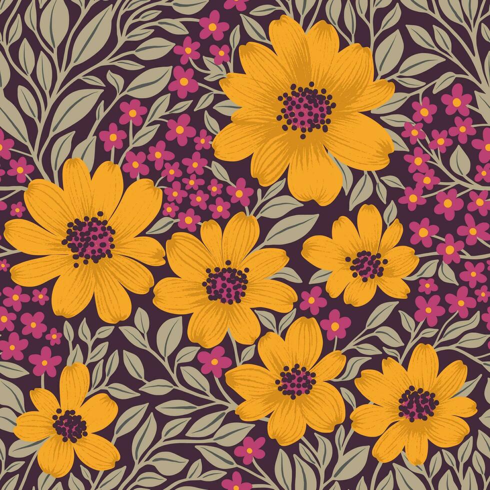 floral sin costura modelo de amarillo y ciruela flores, gris hojas en oscuro Violeta fondo, fondo de pantalla diseño para textiles, documentos, huellas dactilares, Moda antecedentes, belleza productos vector