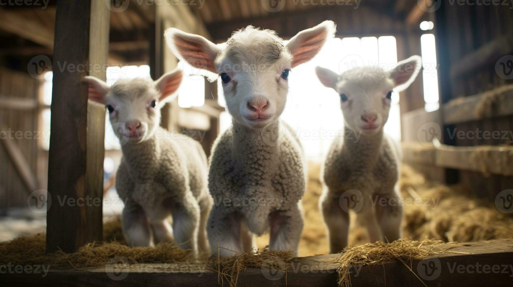 Generative AI, little lambs looking at the camera on a farm, baby sheeps photo