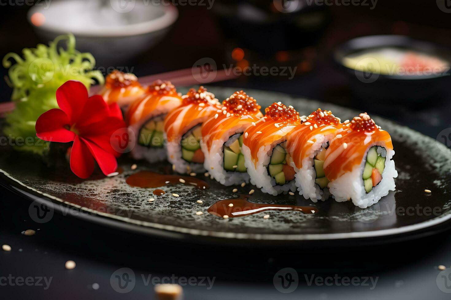 Sushi dish on dinner table at asian restaurant photo