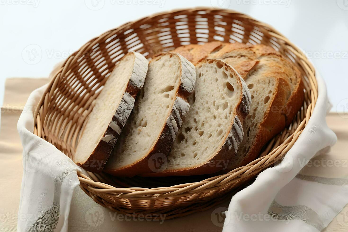parte superior ver de un cesta con un pan en el blanco mesa foto