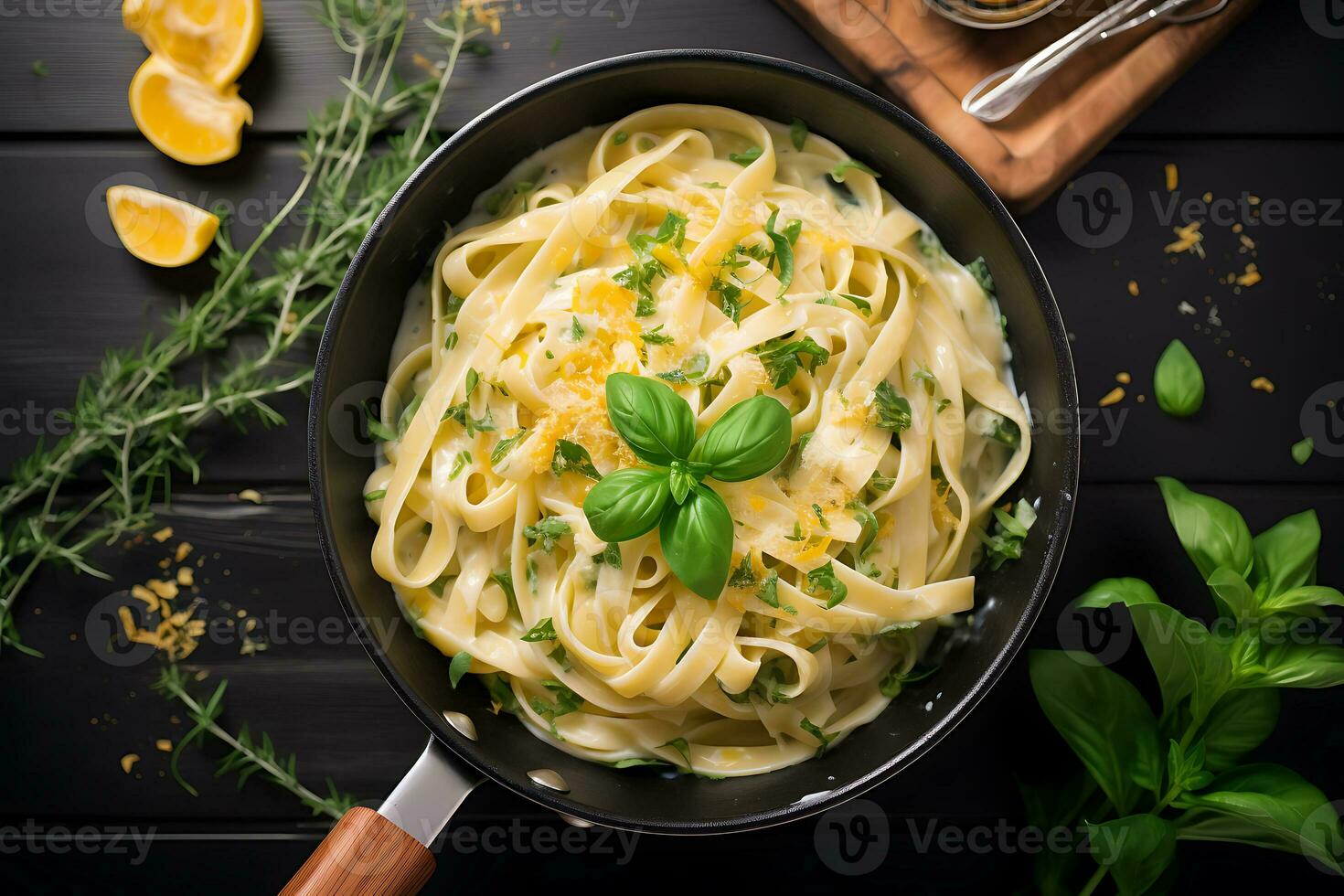 Top view of creamy tagliatelle pasta with herbs and corn photo