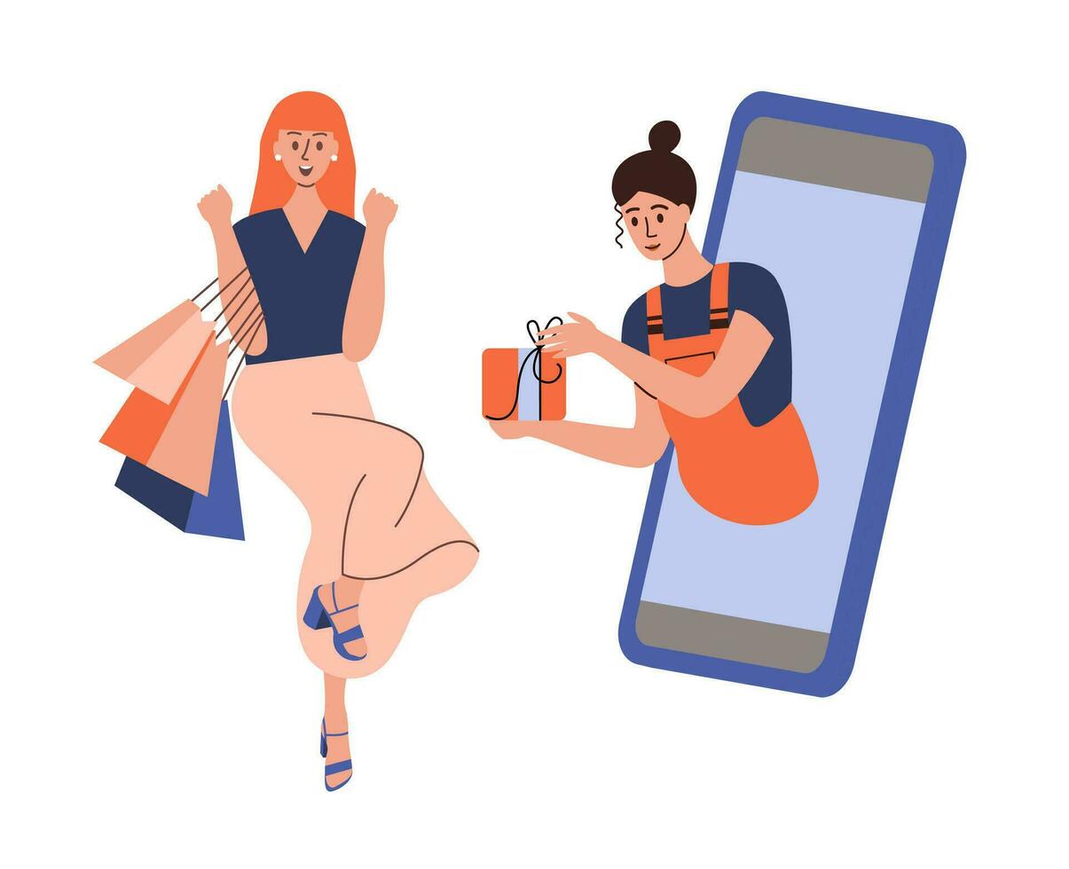 Happy woman doing online shopping through smartphone, holding shopping bags. Online shopping promotional sale. Flat vector illustration.