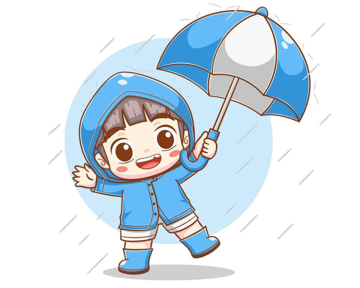 linda niño jugando en el lluvia dibujos animados ilustración vector