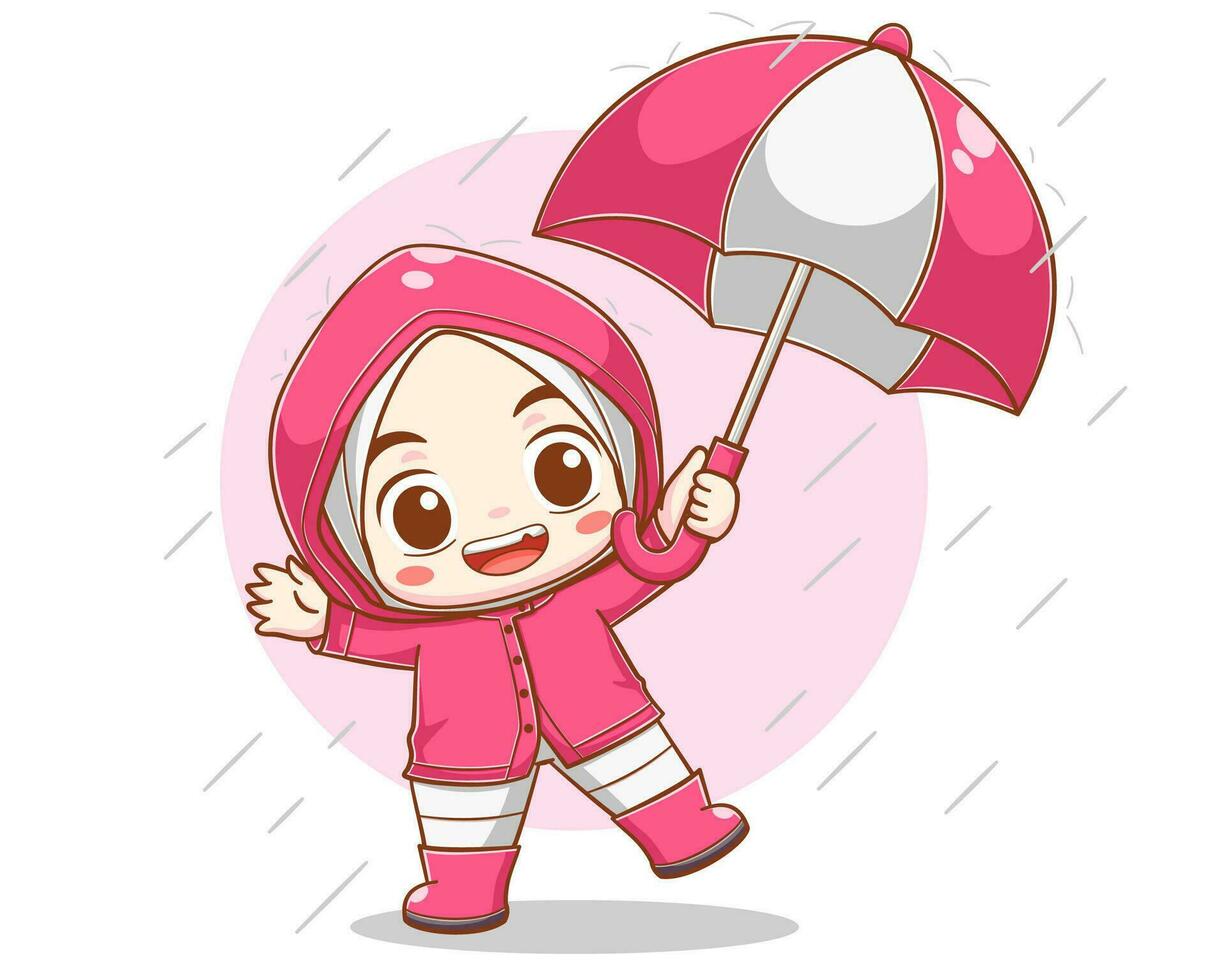 linda niño jugando en el lluvia dibujos animados ilustración vector