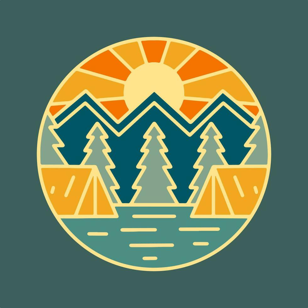 Camping together under mountain mono line  vector illustration for t shirt patch badge design