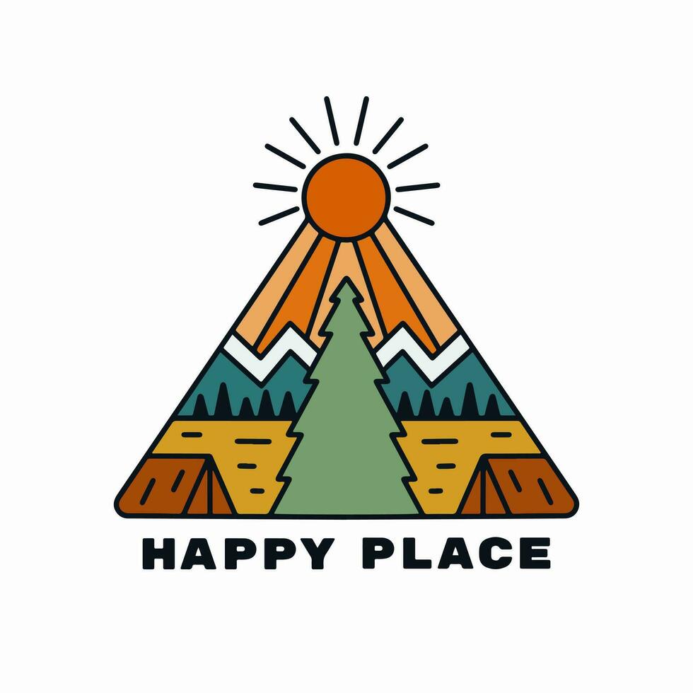 Happy Place is camping ground mono line  vector illustration for t shirt patch badge design