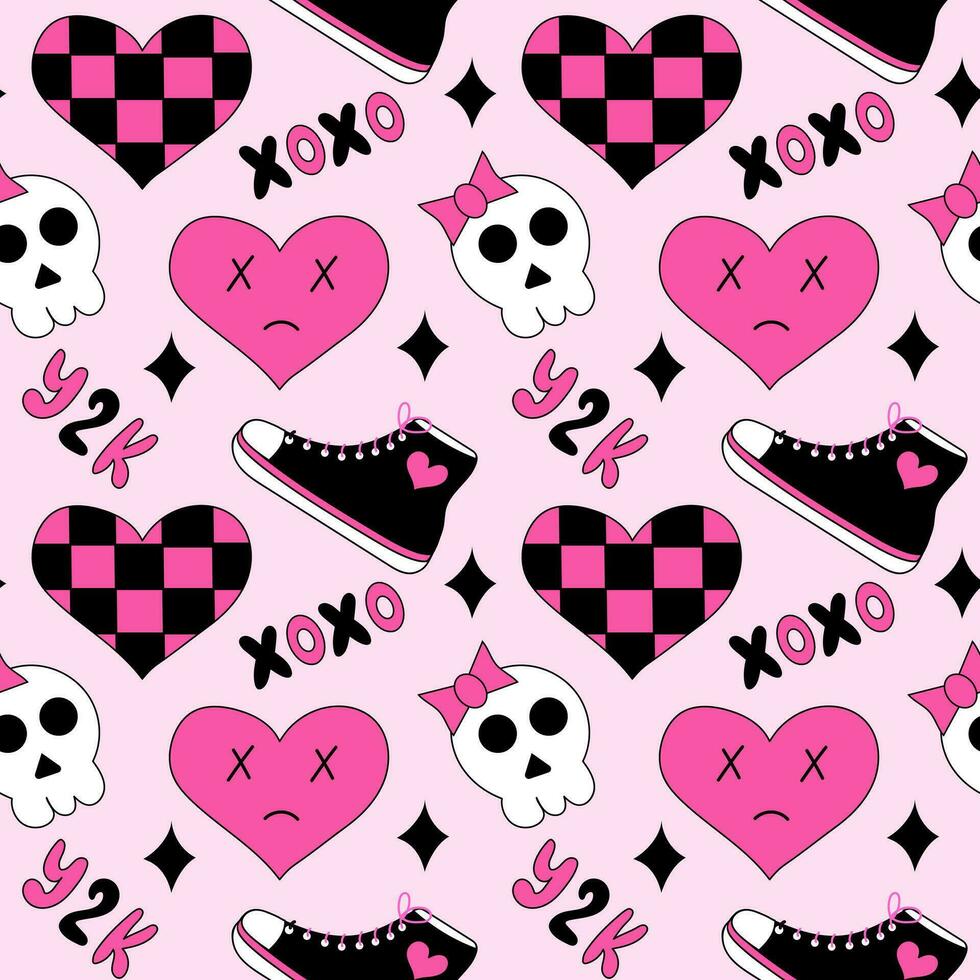 Seamless pattern with emo elements. Y2k style. Hearts in chessboard, XoXo, sneakers, skull. Black and pink. Vector flat illustration.-1