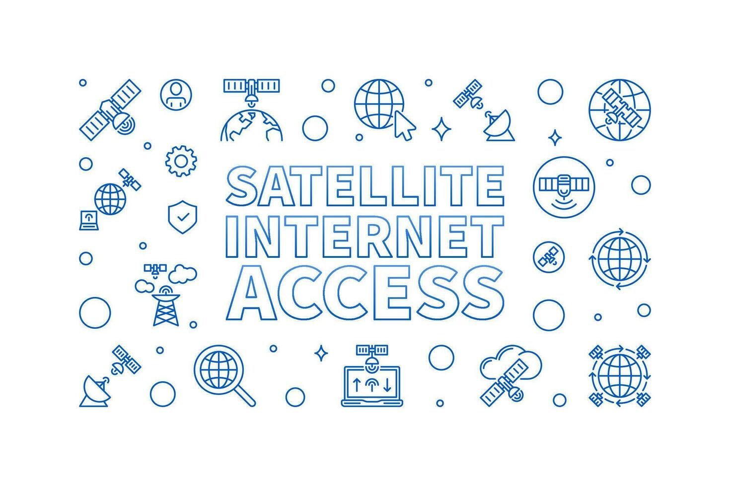 Satellite Internet Access vector concept thin line blue horizontal banner - Communication Network Technology illustration