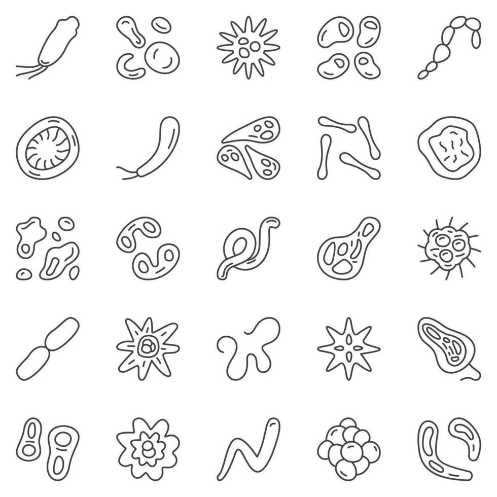 Microbe and Bacteria concept outline icons set - virus vector line symbols