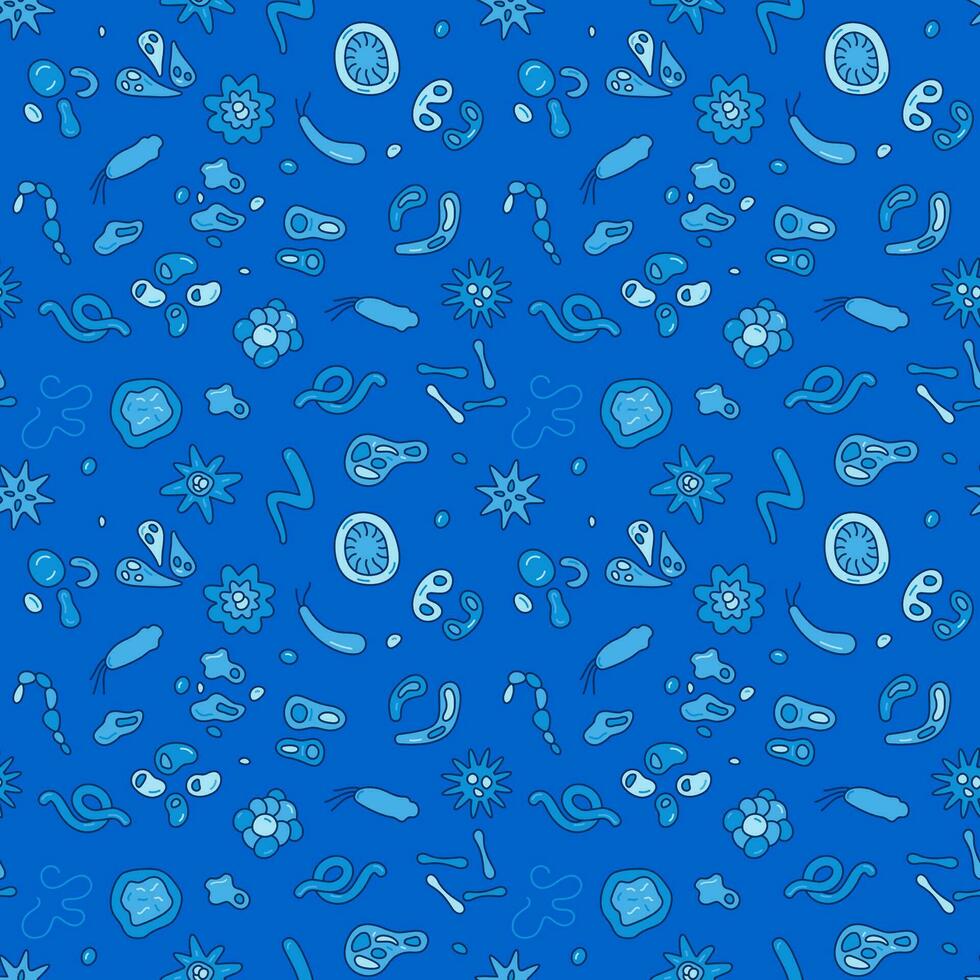 Microbe and Bacteria vector Biology or Virus Infection concept blue seamless pattern