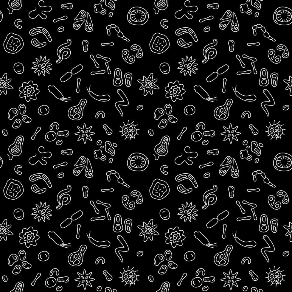 Microorganism and Bacteria vector Pathogen concept dark thin line seamless pattern