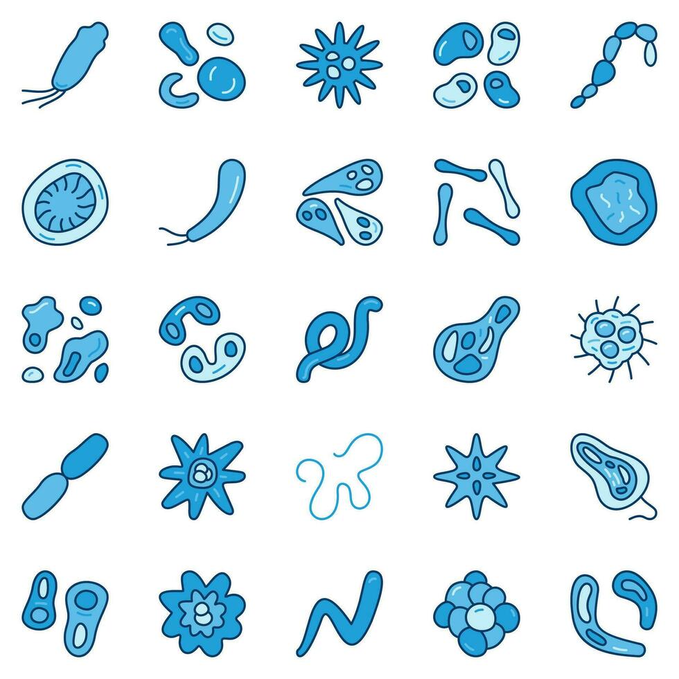 Bacteria and Microbes blue icons set. Viruses signs. Microbe concept symbols vector