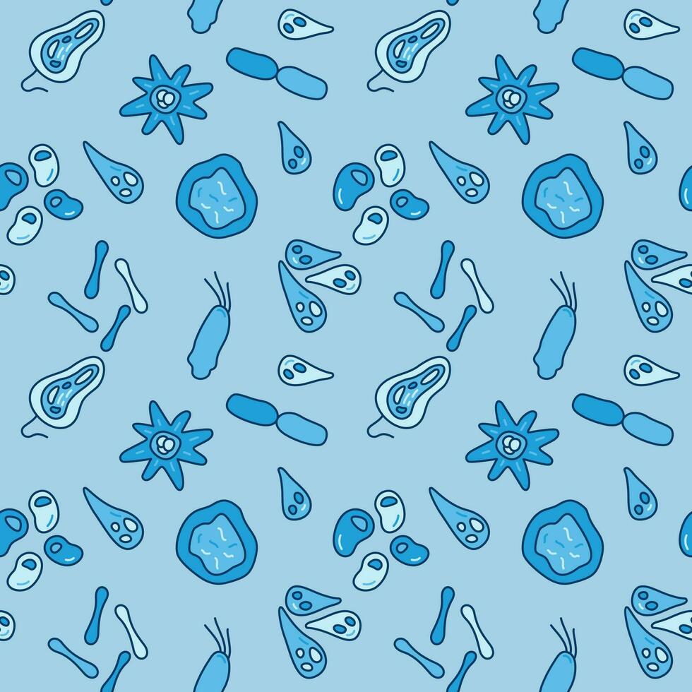 Blue Seamless pattern with Bacteria and Microbes concept vector signs