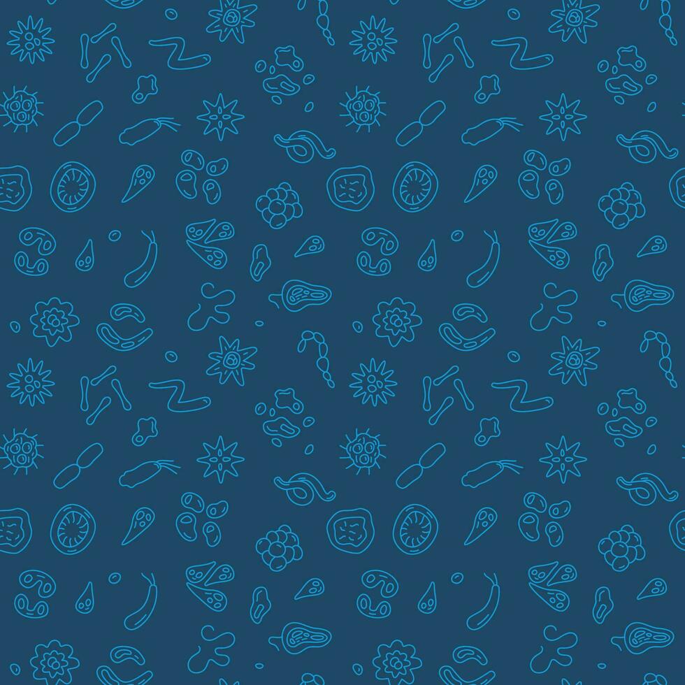 Microbe and Bacteria vector blue modern outline seamless pattern