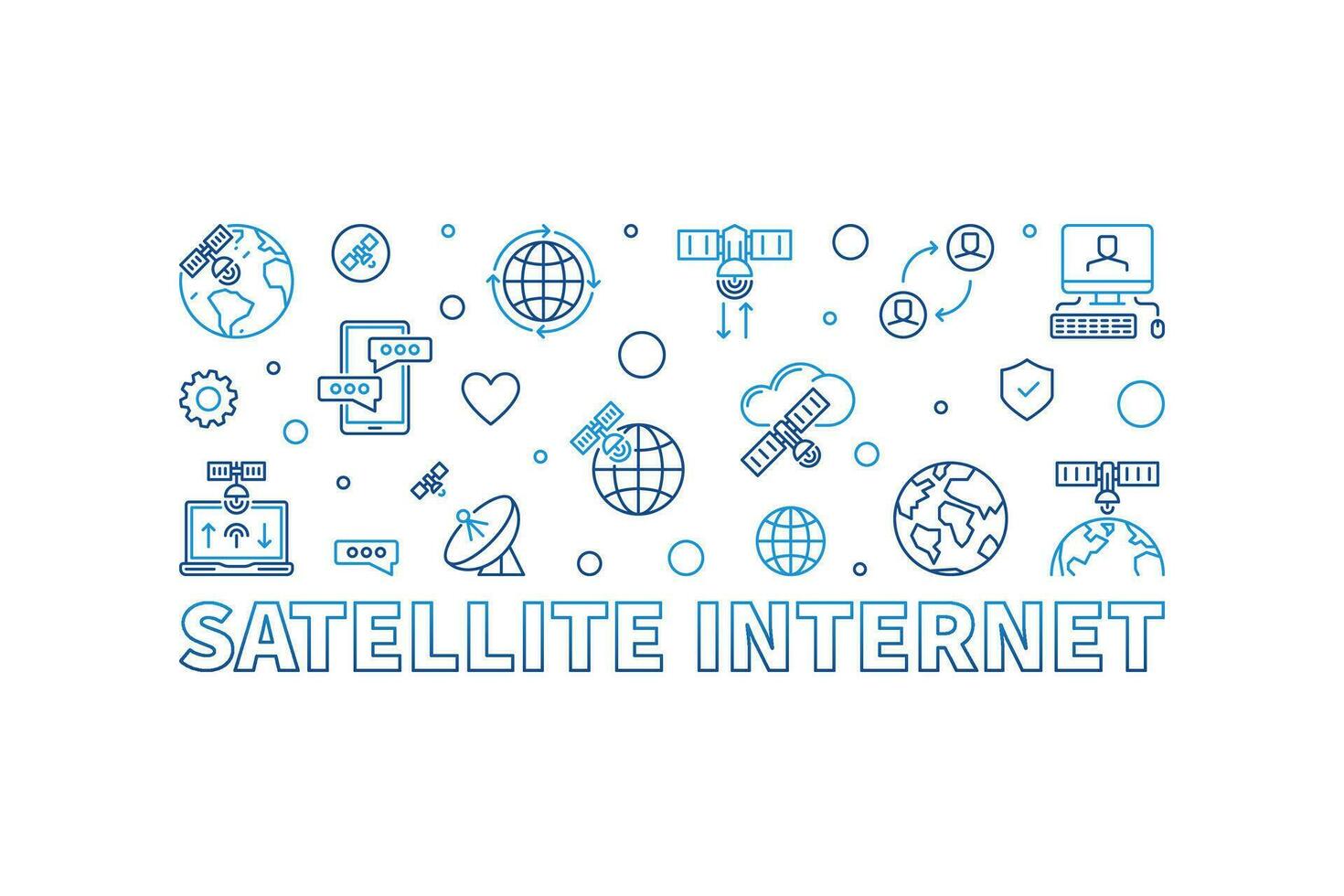 Satellite Internet vector outline creative horizontal banner. Wireless Satellite Data Transmission illustration
