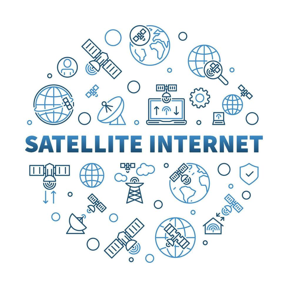 Satellite Internet vector concept line round banner - Technology blue illustration