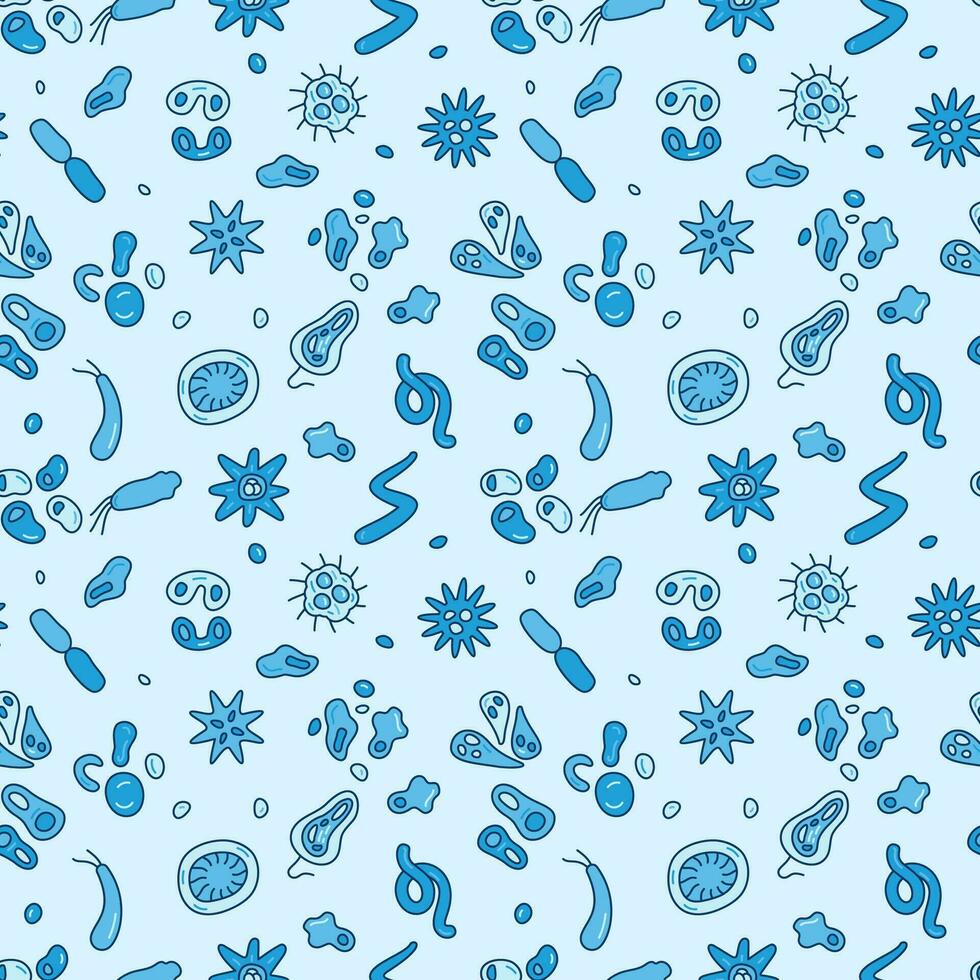 Seamless pattern with Bacteria and Biology Organisms blue symbols - vector background