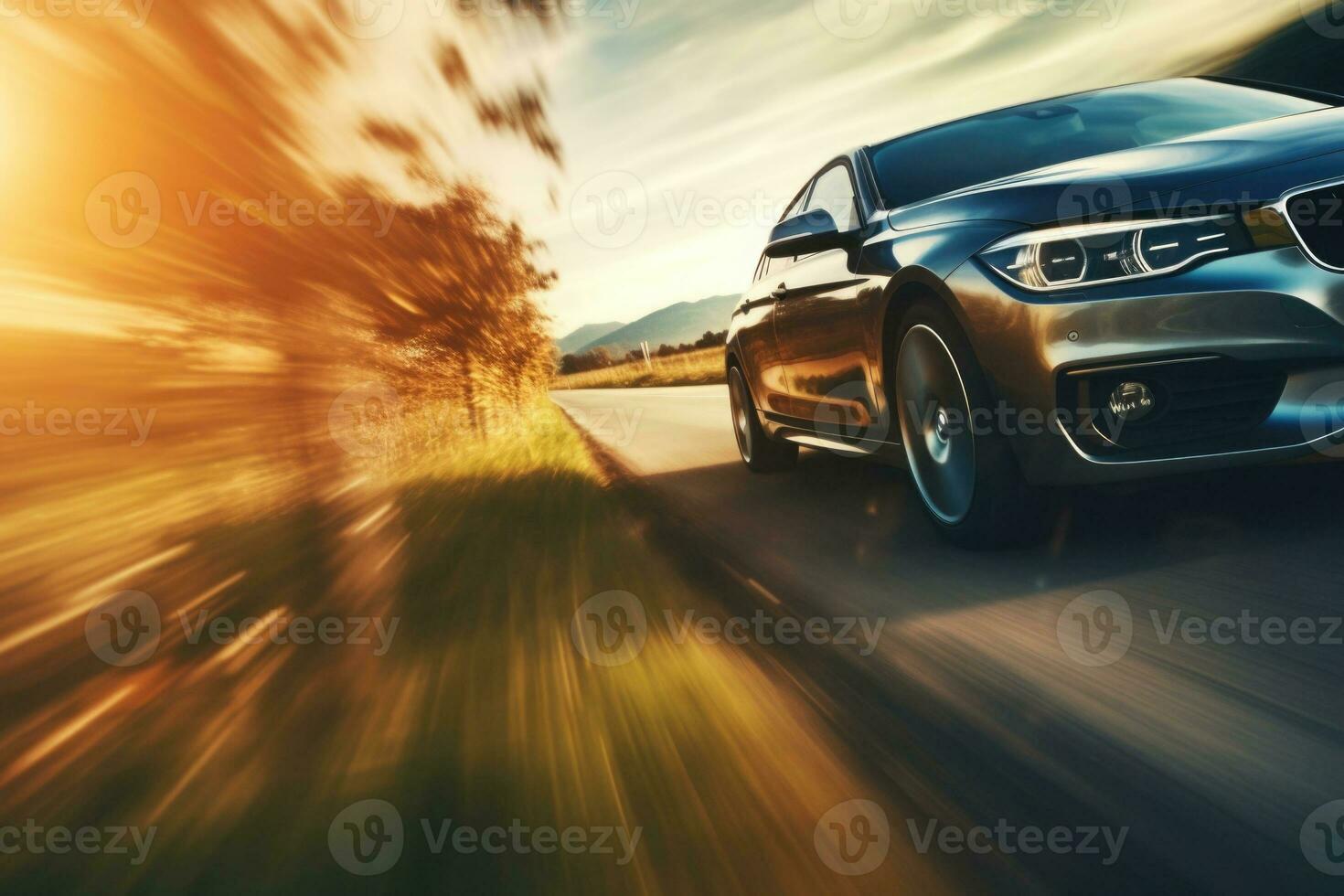 Car driving on country road with motion blur effect. Generative AI photo