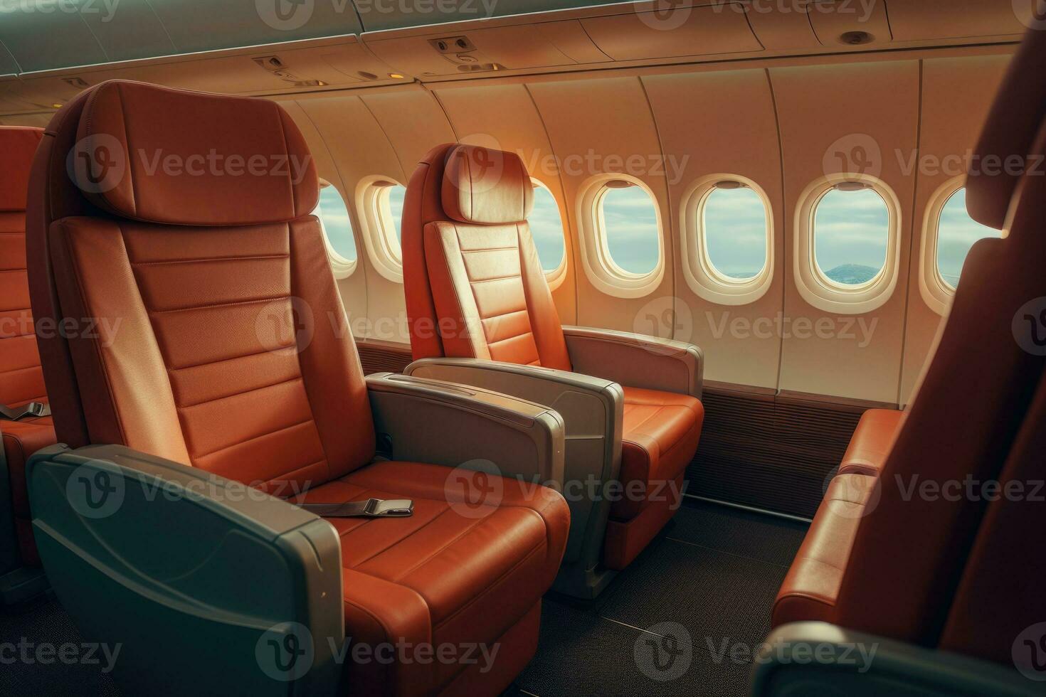 Empty passenger seats in cabin of the aircraft. Plane interior. Generative AI photo