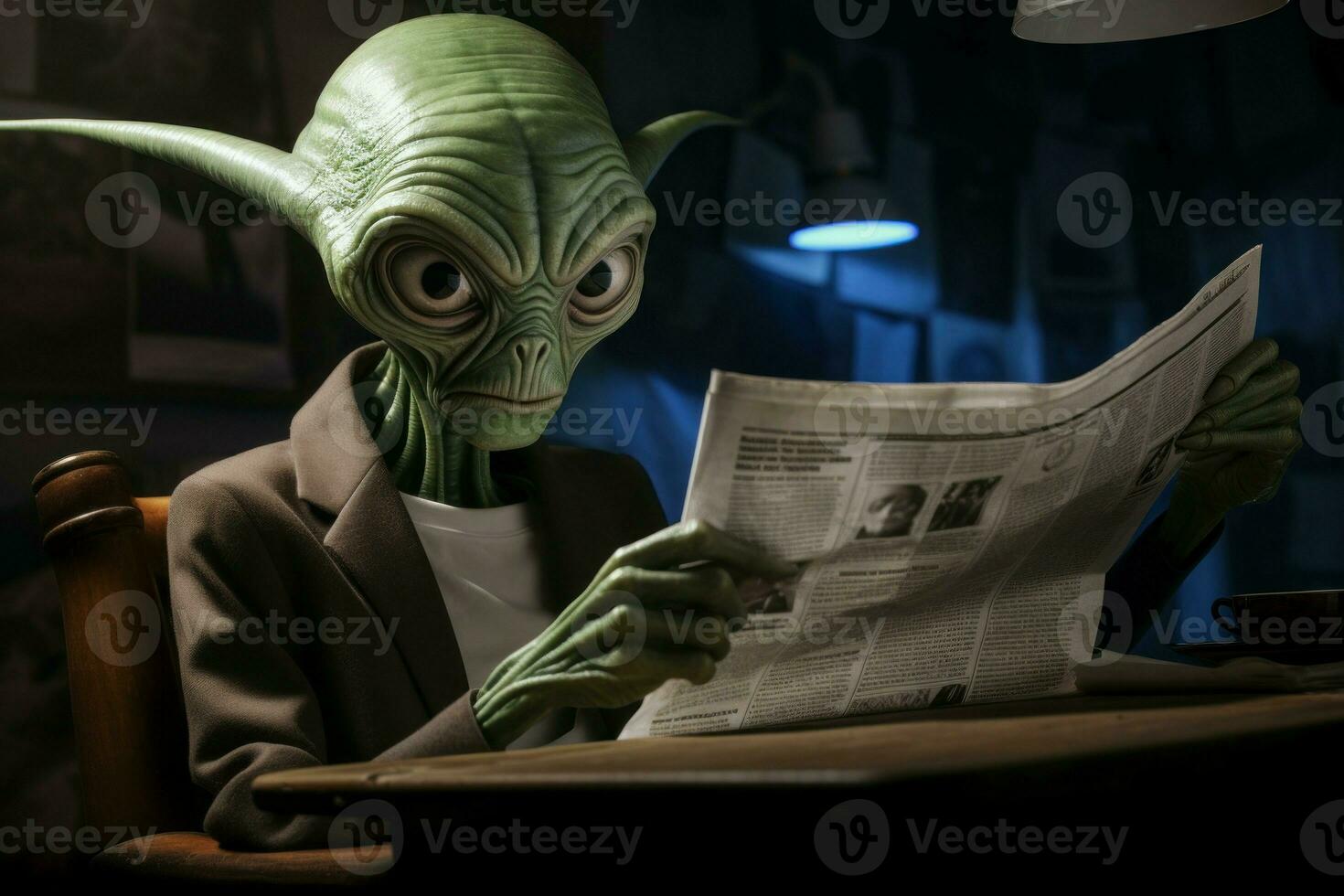 Alien read newspaper. Generate Ai photo
