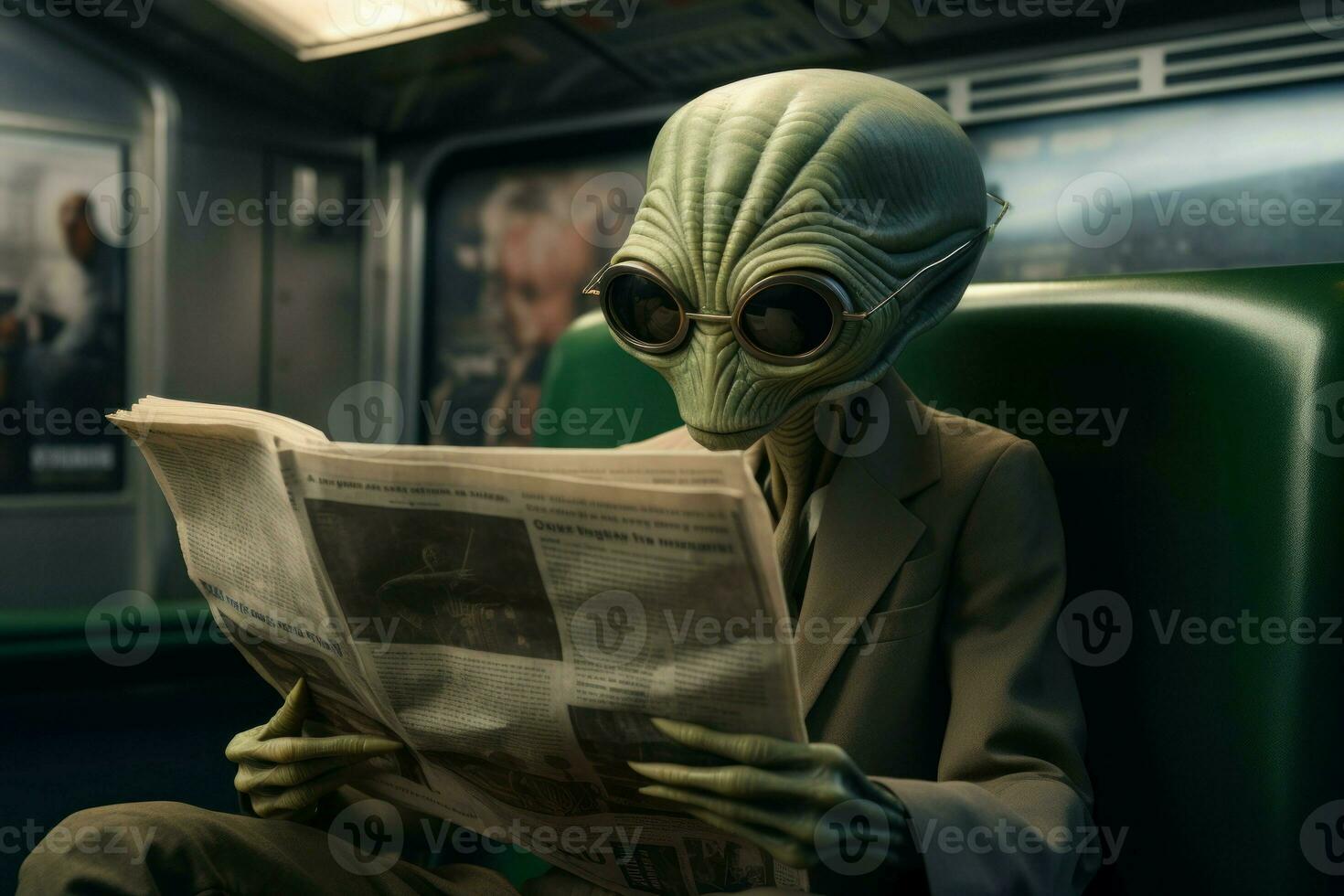 Bizarre alien read newspaper. Generate Ai photo