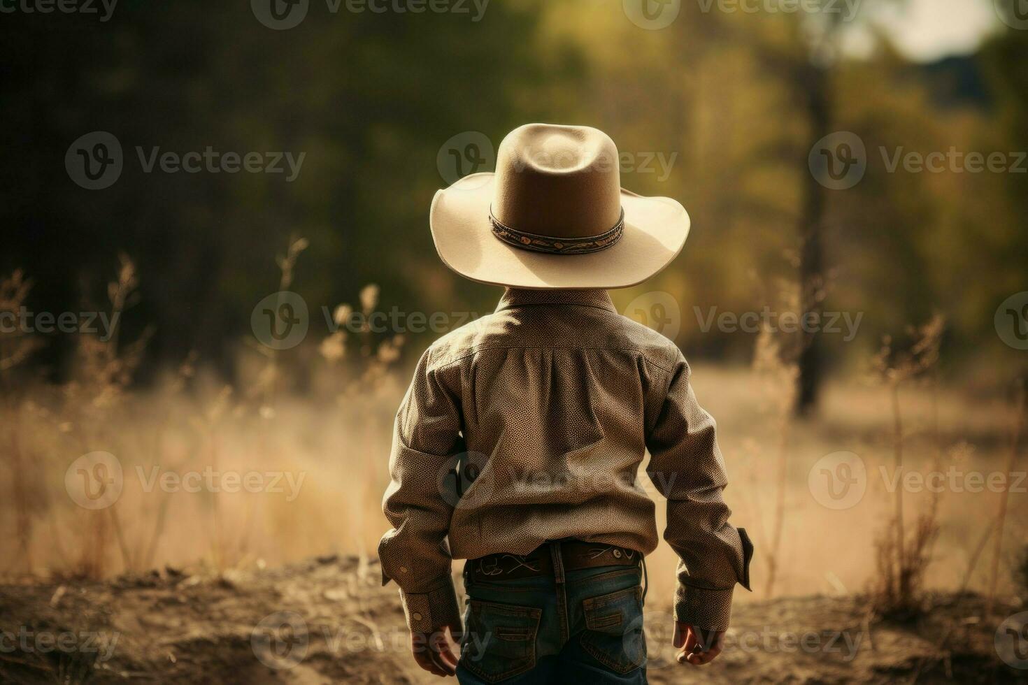 Back view adventurous cowboy boy. Generate Ai photo