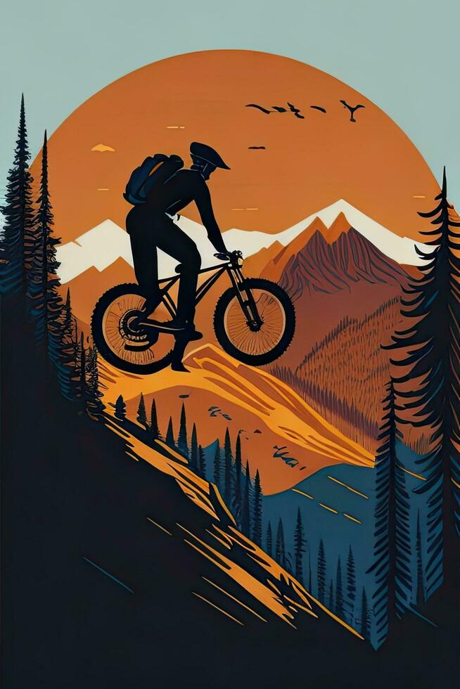 Mountain biker in the mountains at sunset. Vector illustration. AI generated. photo