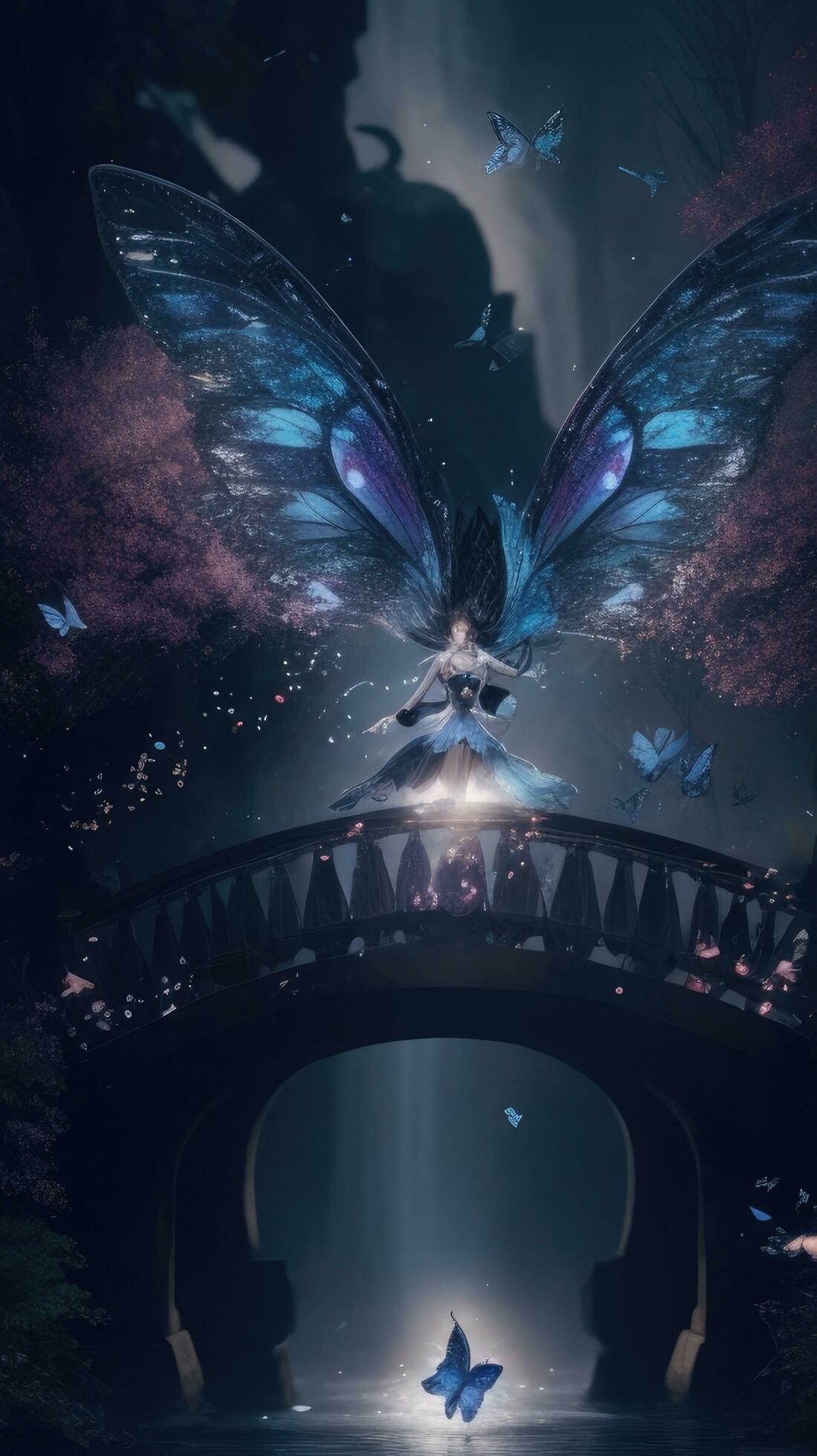 Beautiful fairy tale scene with flying butterfly girl in the dark forest at  night standing at old bridge. AI generated. 28184138 Stock Photo at Vecteezy
