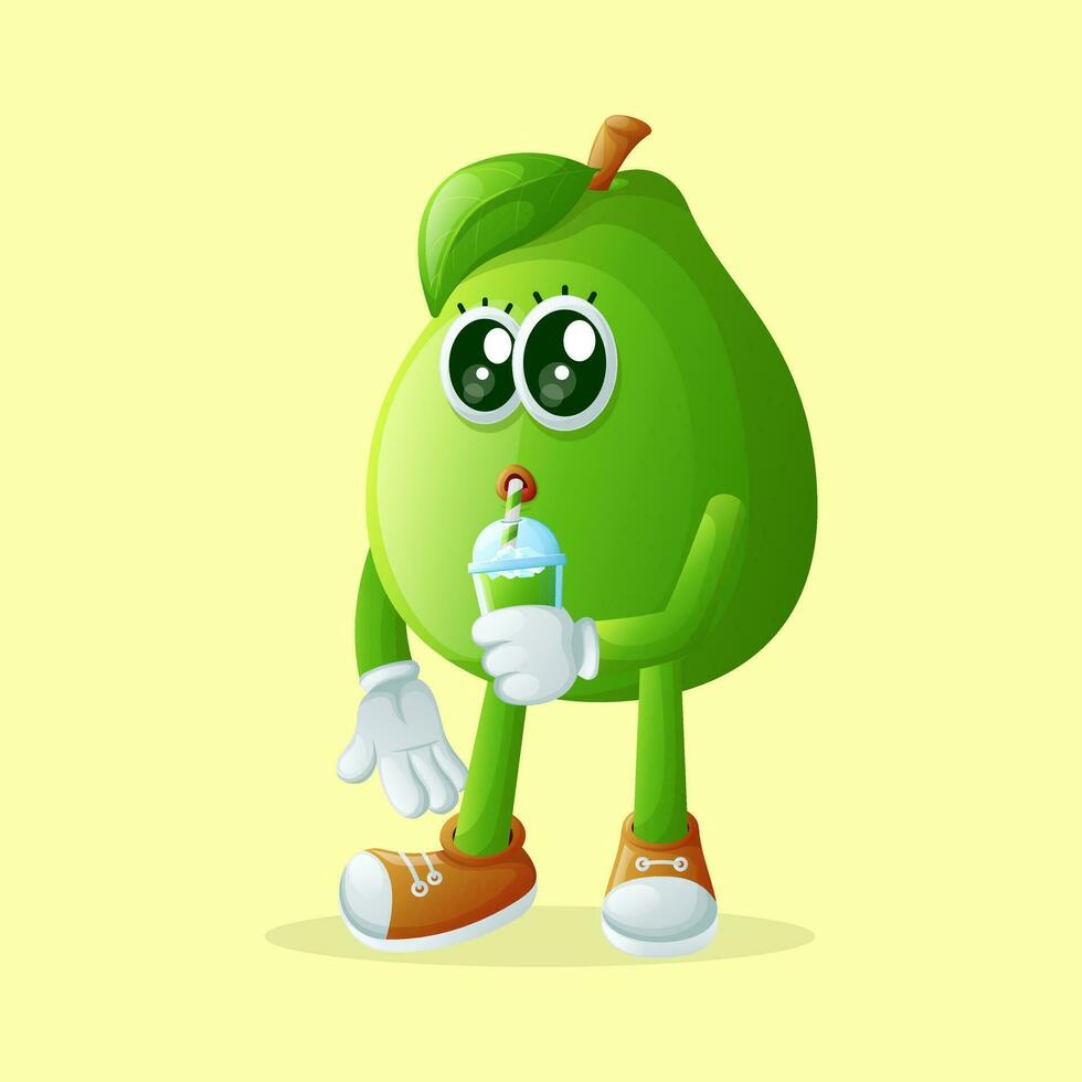 Cute guava character drinking a green smoothie with a straw vector