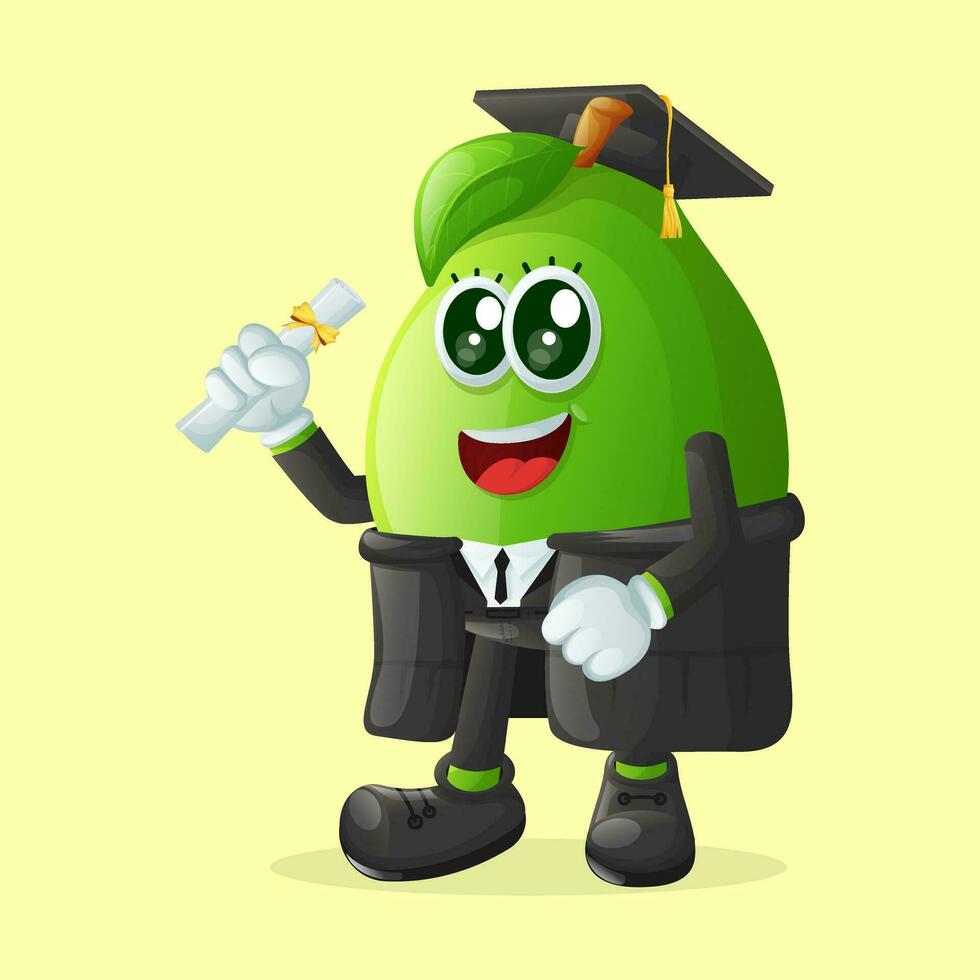 Cute guava character wearing a graduation cap and holding a diploma vector