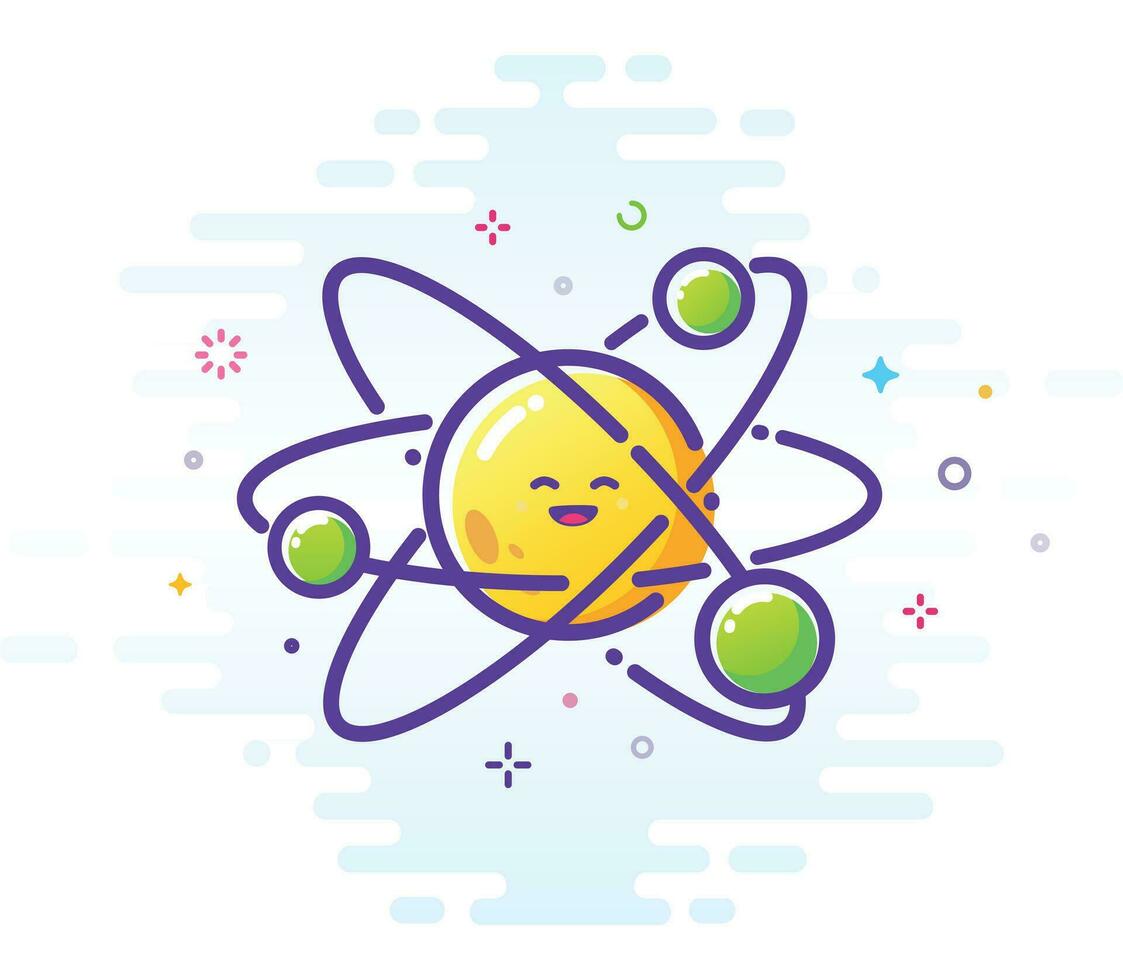 Illustration of a happy Atom and electrons flying around. Outline illustration vector